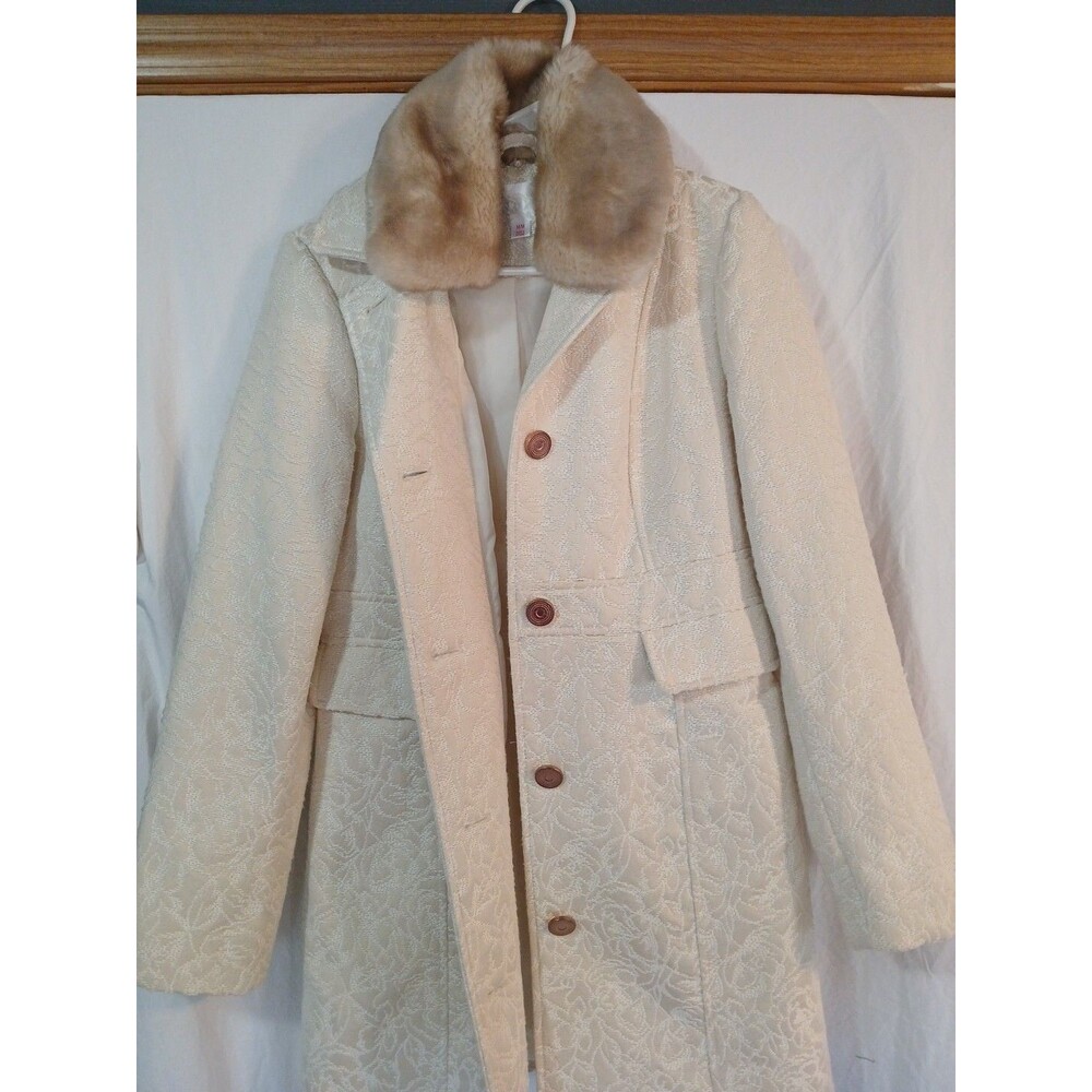 Xhilaration Womens Ivory Faux Fur Detachable Collar Floral Lined Coat Size M
